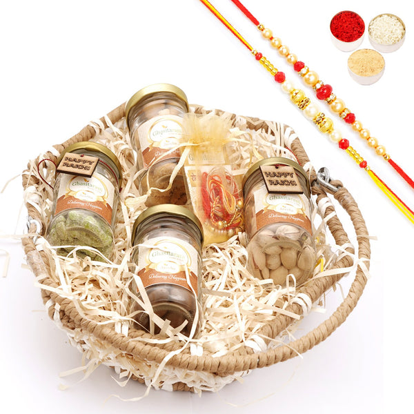 Rakhi Gifts-Jute Hexagon Basket with Rakhi Tags with 2 Rakhis