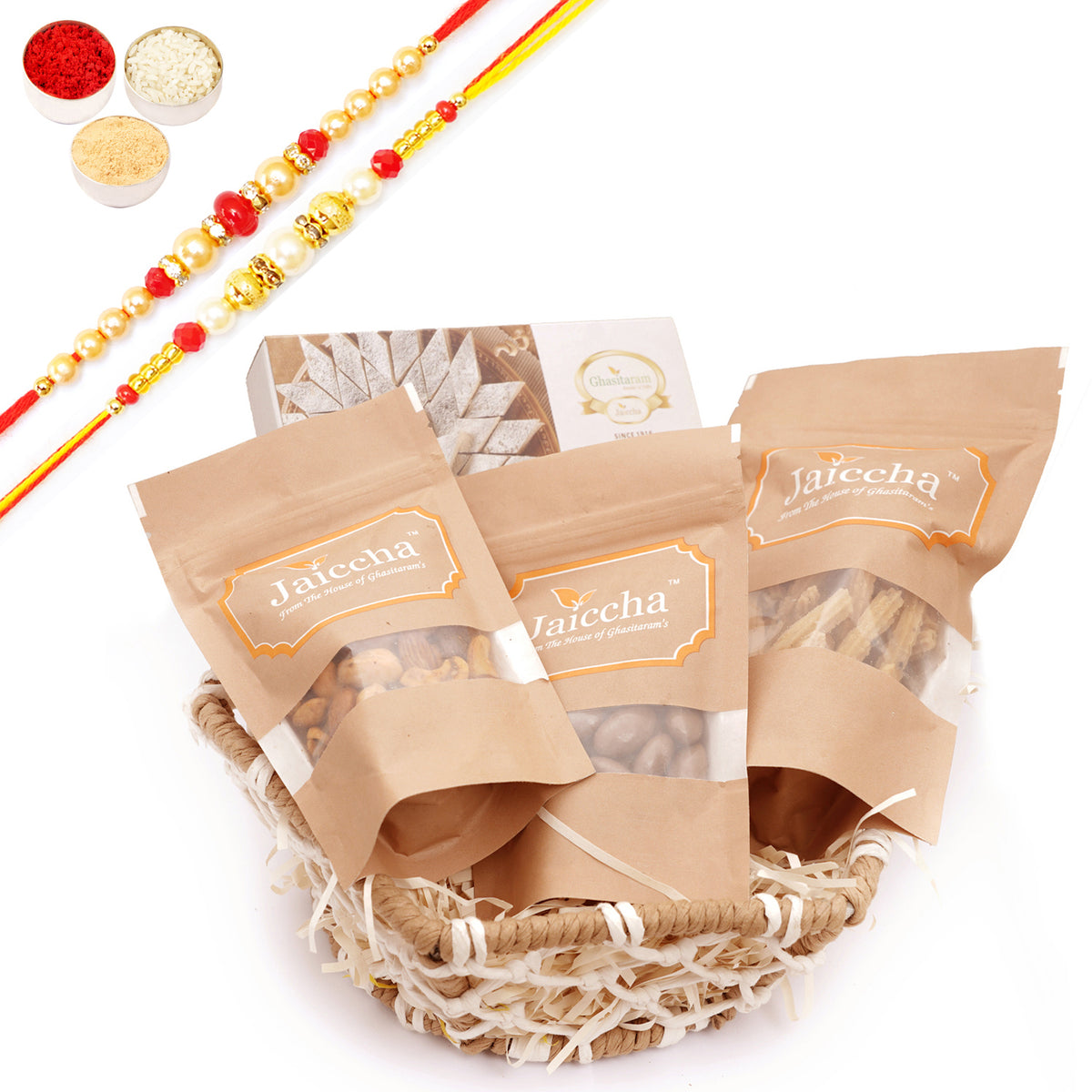 Rakhi Gifts-Jute Hexagon Basket with kaju Katli with 2 Rakhis