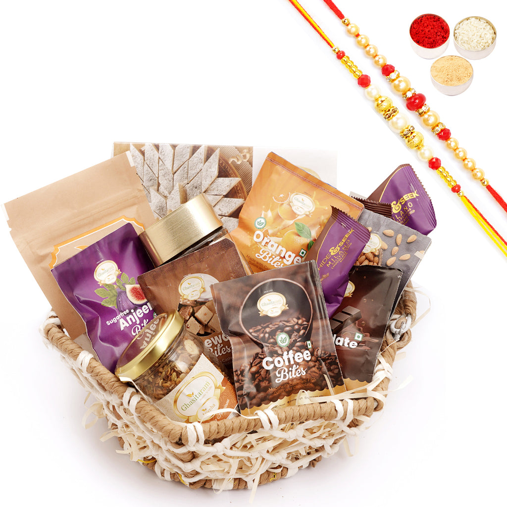 Rakhi Gifts-Jute Hexagon Basket with bites and kaju Katli with 2 Rakhis