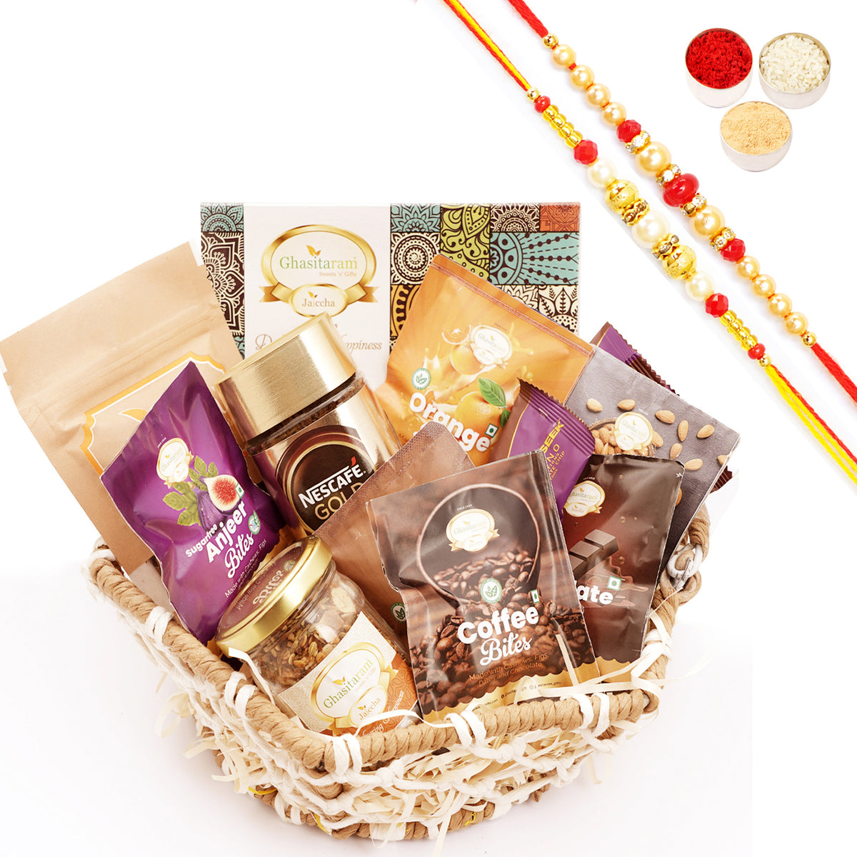 Rakhi Gifts-Jute Hexagon Basket with bites and Milk Cake with 2 Rakhis