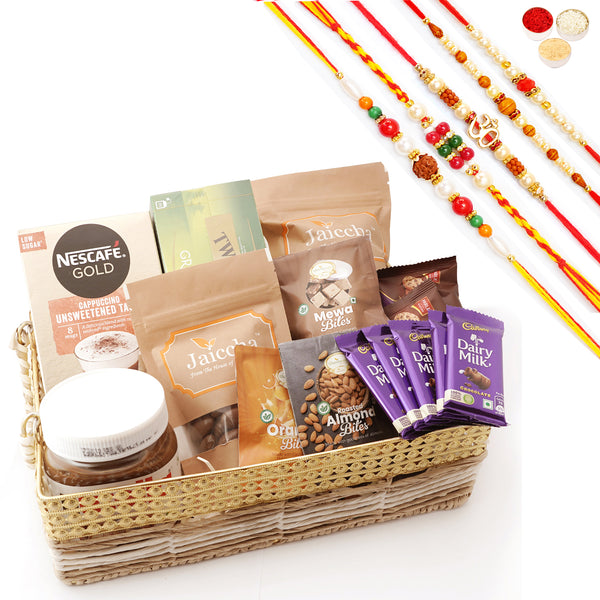 Rakhi Gifts-Jute Metal Rectangle Basket with 20 Assorted Goodies with 5 Rakhis