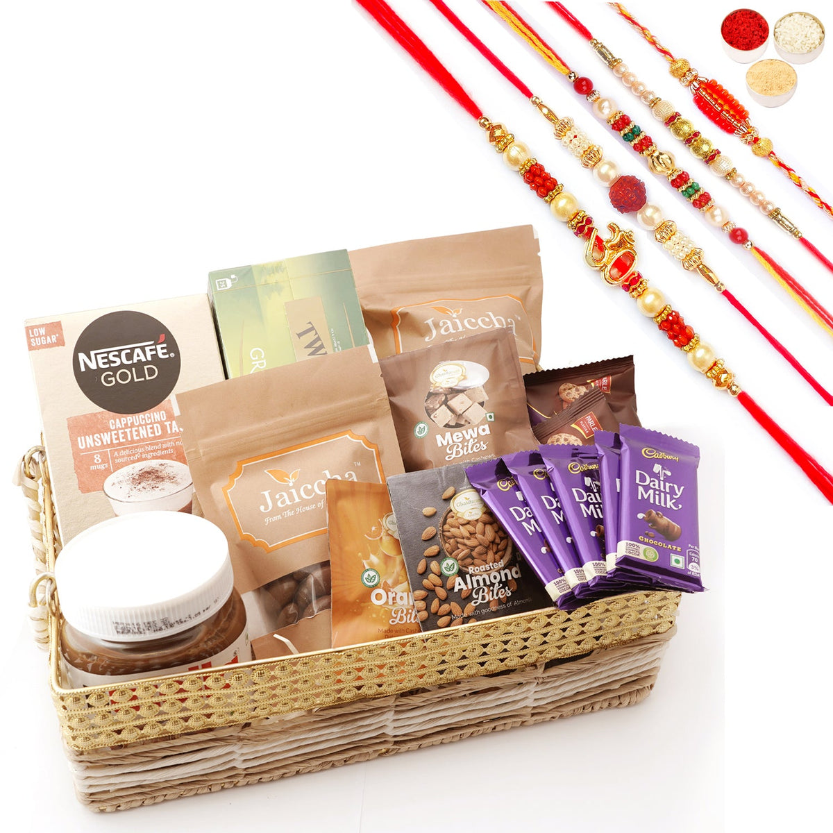 Jute Metal Basket with Kaju Katli, Milk Cake & 5 Rakhis | Rakhi Gifts | Raksha Bandhan Sweets