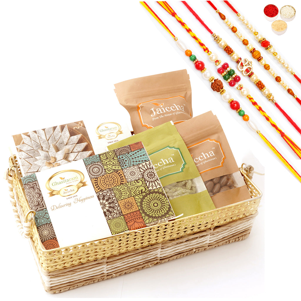 Rakhi Gifts-Jute Metal Rectangle Basket with Kaju Katli and Milk Cake with 5 Rakhis