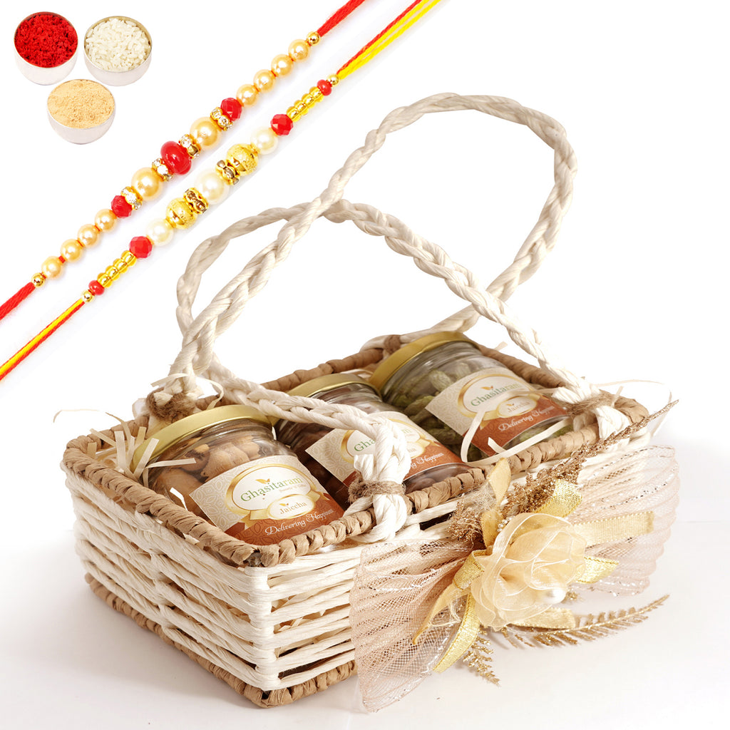 Rakhi Gifts-Jute small basket with flower 3 jars with 2 Rakhis