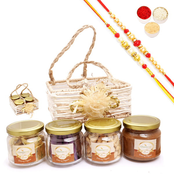 Rakhi Gifts-Jute Square Basket with flower  with 2 Rakhis