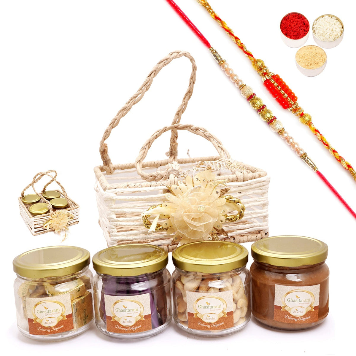 Jute Square Basket with Flower & 2 Rakhis | Rakhi Gift Box | Raksha Bandhan Ideas