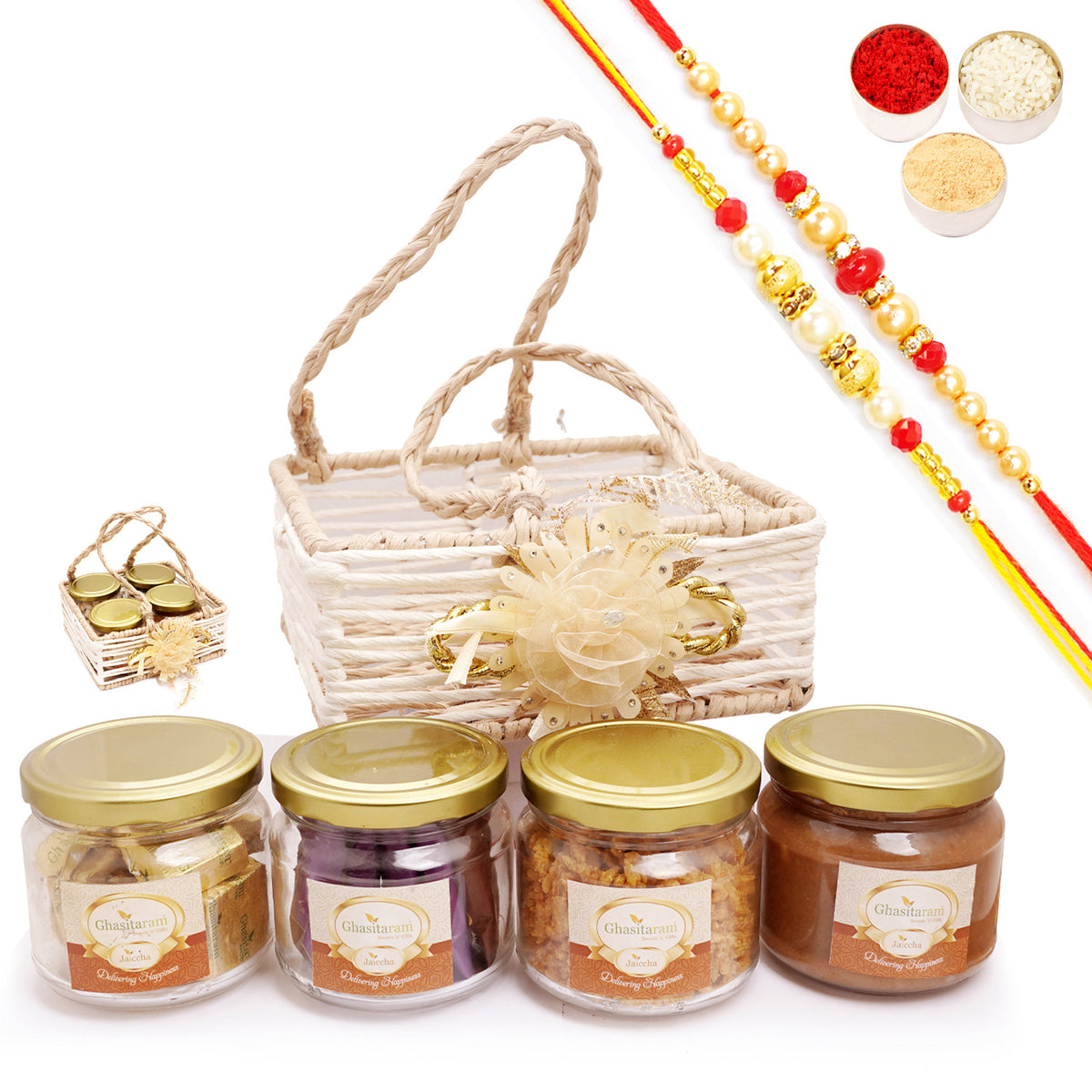 Rakhi Gifts-Jute Square Basket with flower with Mahalaxmi Chiwda with 2 Rakhis