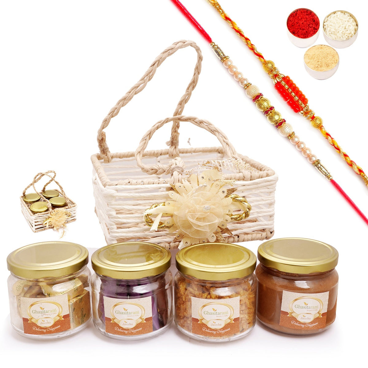 Jute Square Basket with Flower & 2 Rakhis | Rakhi Gift Box | Raksha Bandhan Ideas