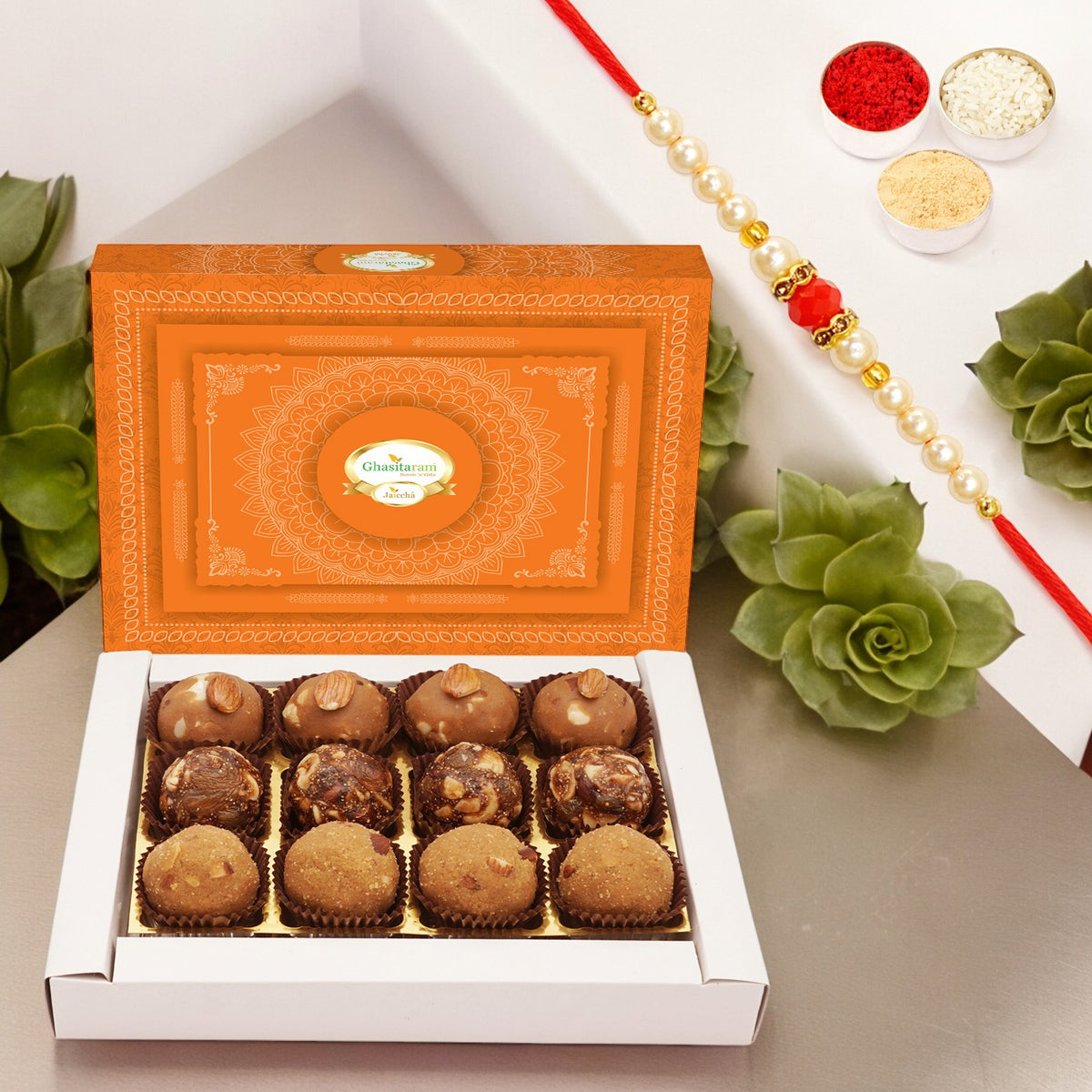Traditional Rakhi Sweets | Ghasitaram Laddoo Box (6 pcs) with Rakhi