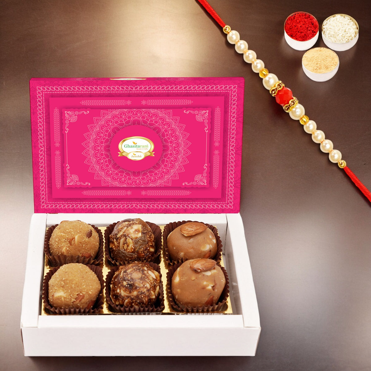 Traditional Rakhi Sweets | Ghasitaram Laddoo Box (6 pcs) with Rakhi