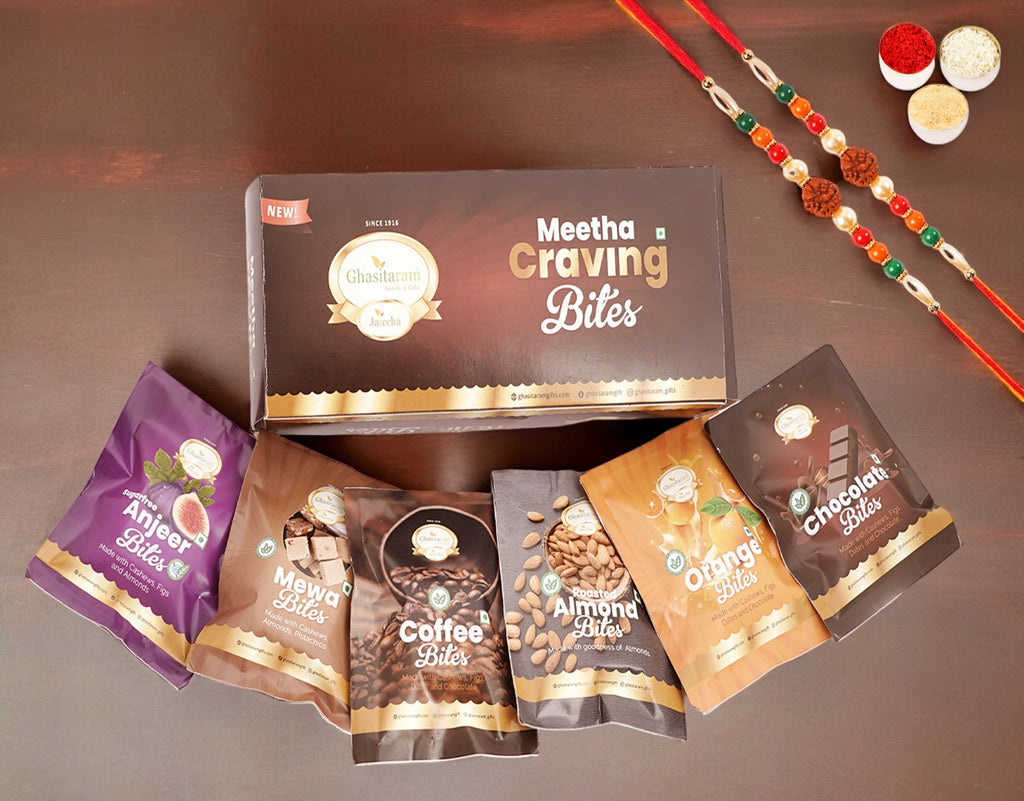 Rakhi Gifts USA-Meetha Craving Bites Box with 2 rudraksh Rakhis