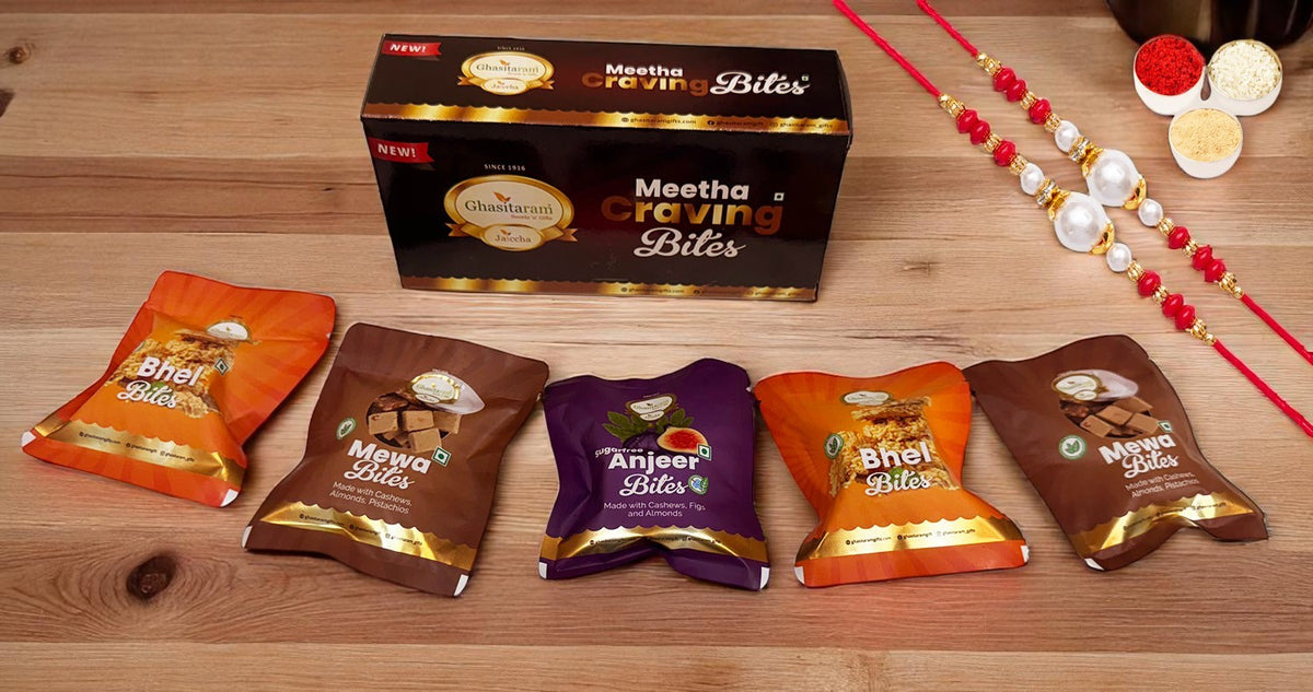 Rakhi Gifts-Meetha Craving Bites Box with 2 Rakhis