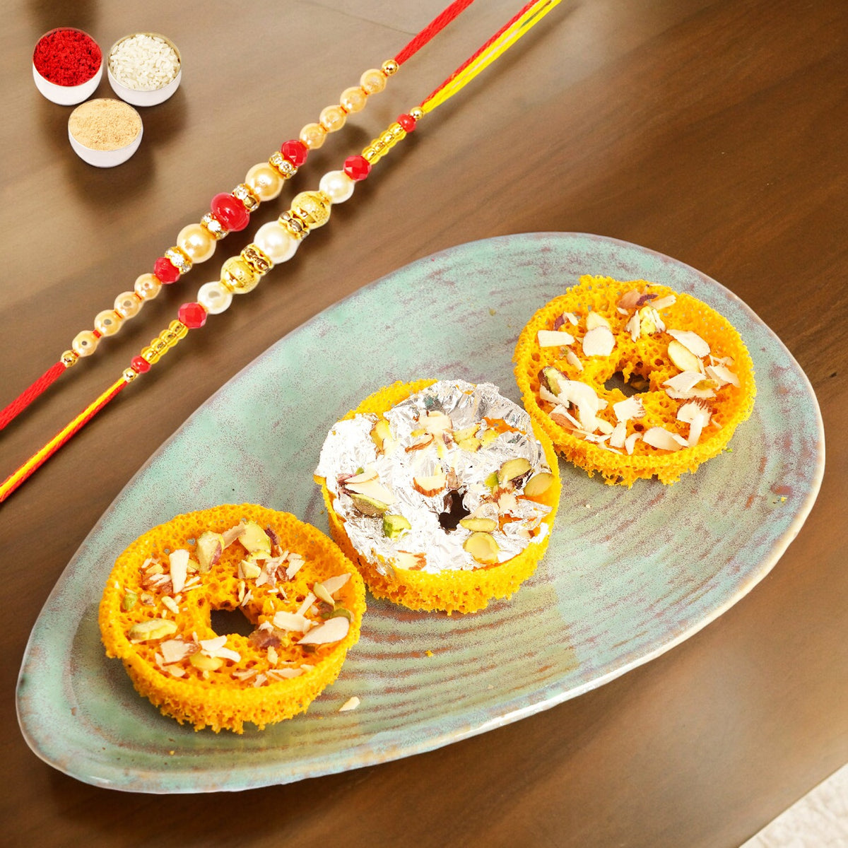 Mini Ghevar (Pack of 6) for Abroad with 2 Rakhis | Rakhi Sweets | International Delivery