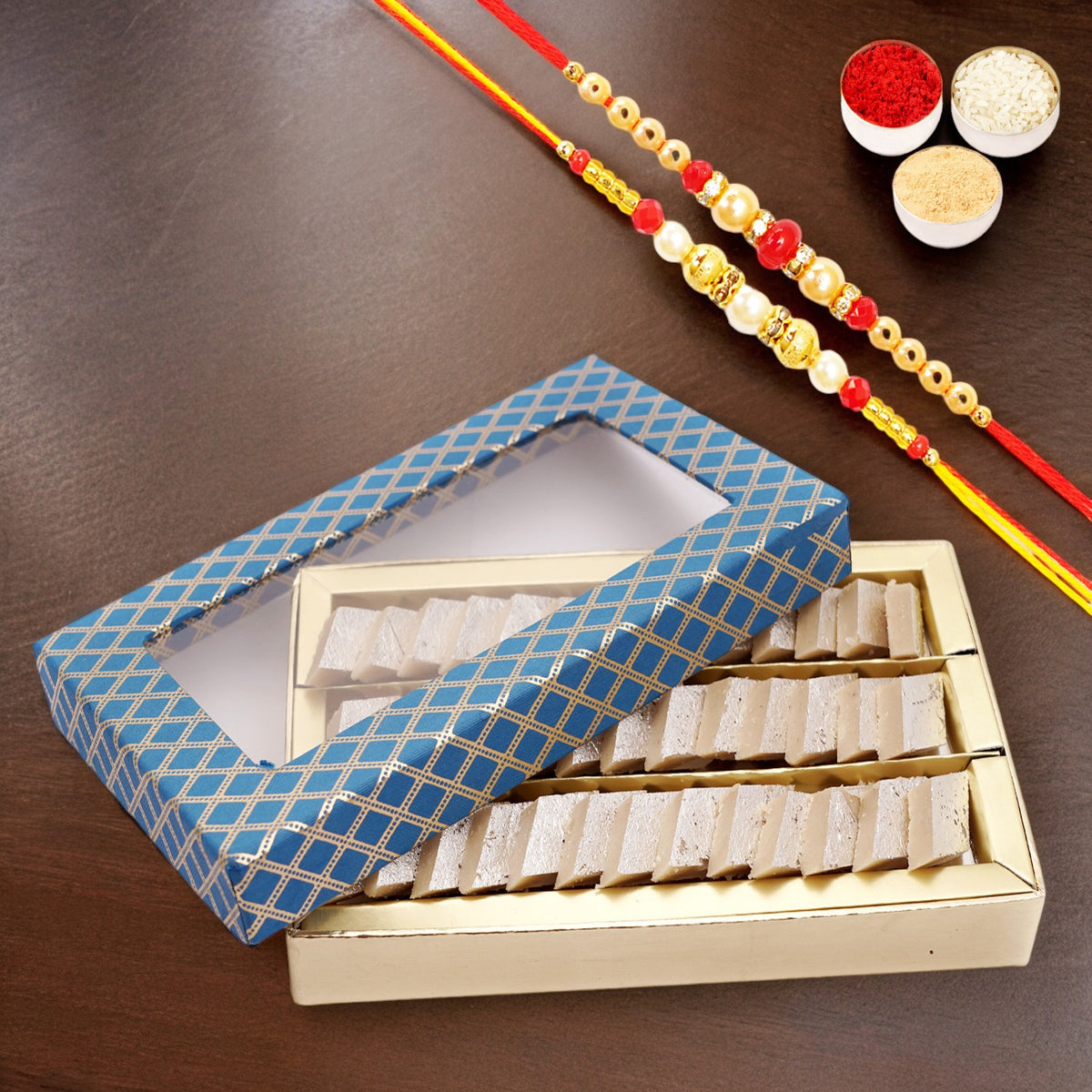 Mini Kaju Katli Blue Box with 2 Rakhis | Rakhi Sweets | Rakhi Hampers for Brother