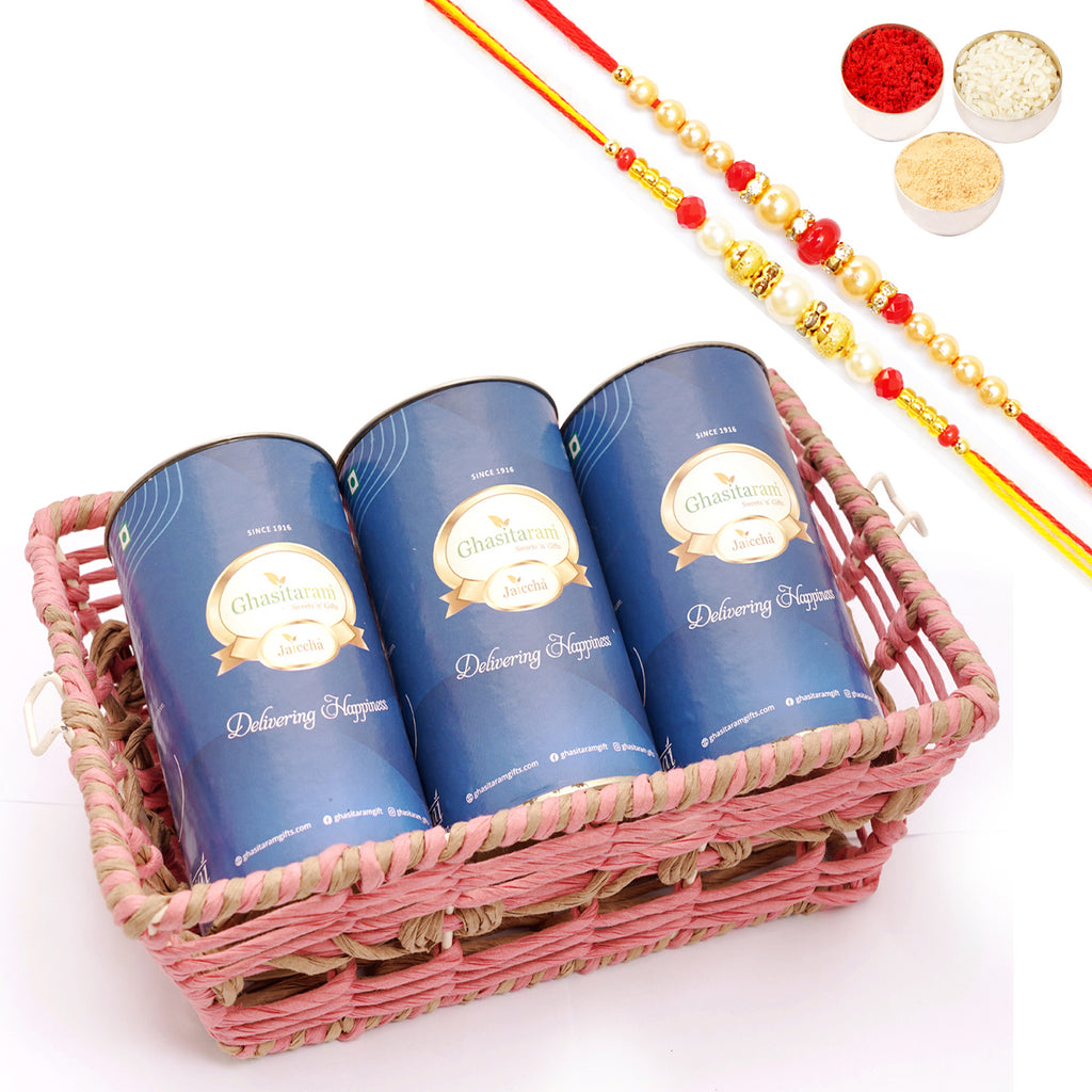 Rakhi Gifts-Pink Rectangle Jute Basket with cans with 2 Rakhis