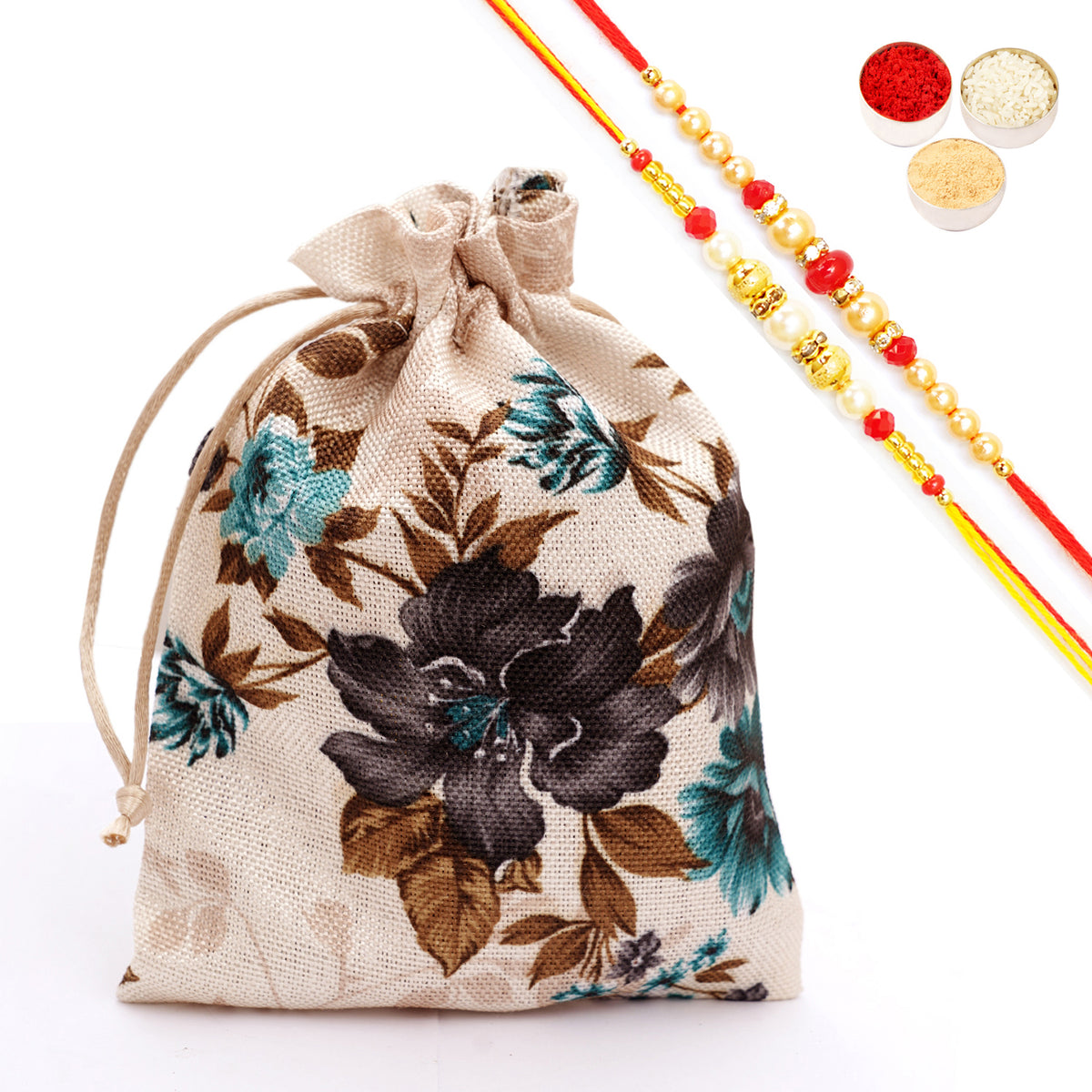 Rakhi Gifts-Printed Jute Pouch with Bites with 2 Rakhis