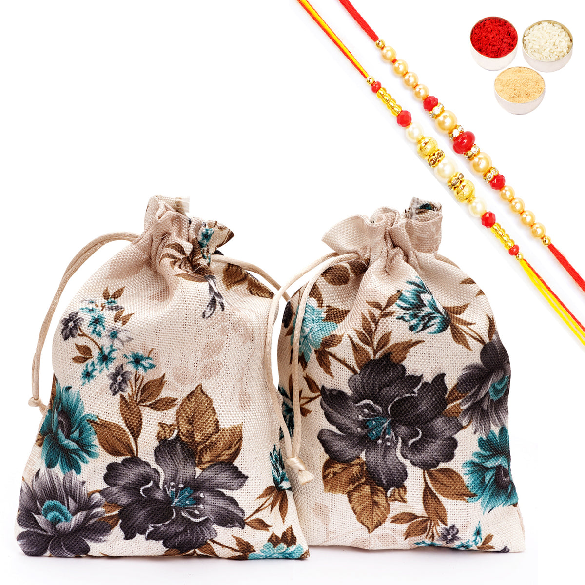 Rakhi Gifts-Printed Jute Pouch with Bites and Cookies with 2 Rakhis