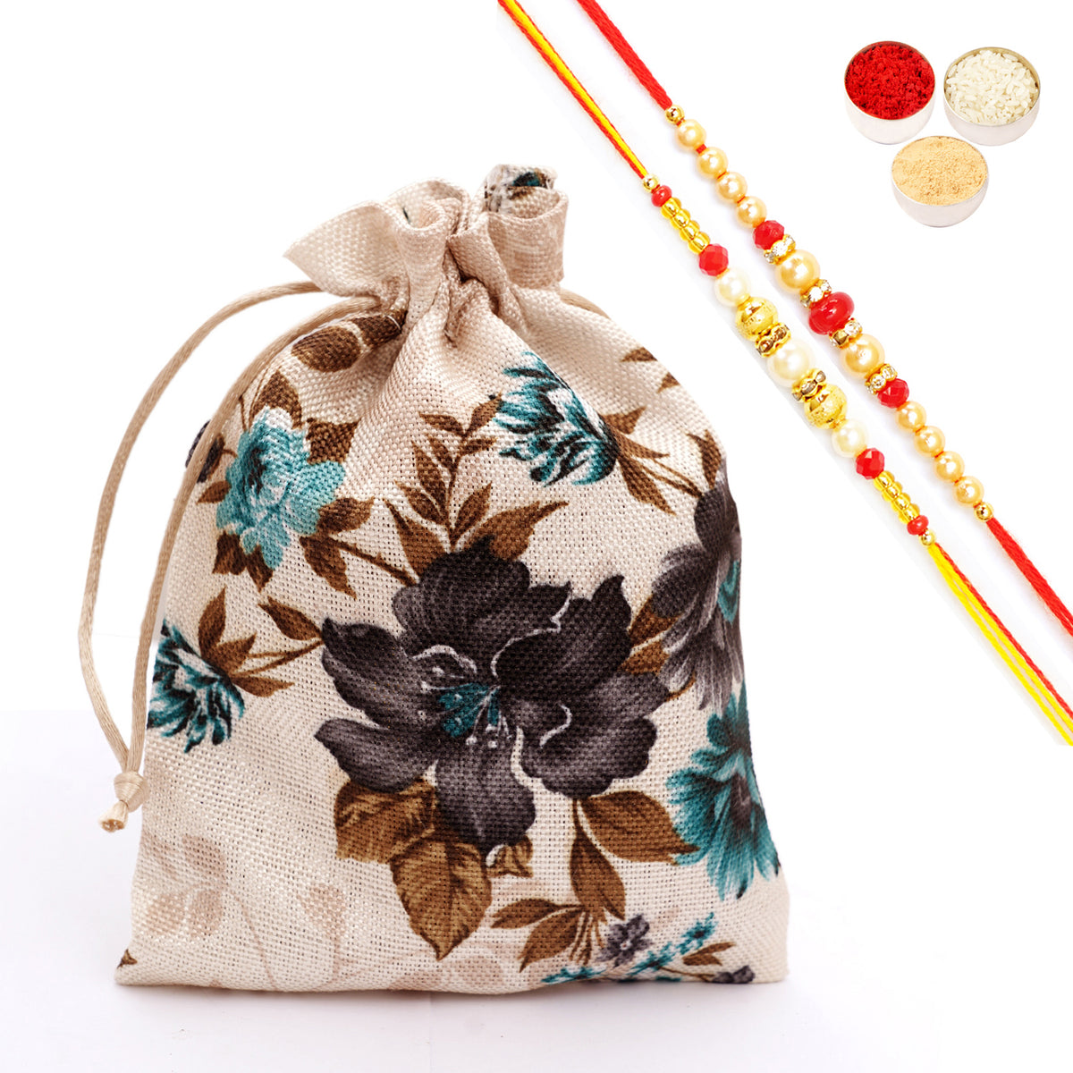 Rakhi Gifts-Printed Jute Pouch with Cookies with 2 Rakhis