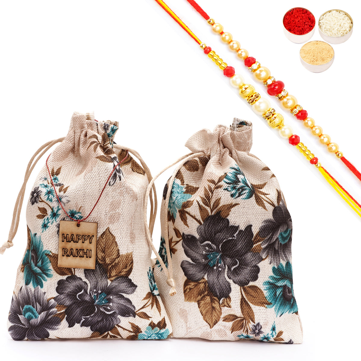 Rakhi Gifts-Printed Jute Pouch with Rakhi Tags with Bites and Cookies with 2 Rakhis