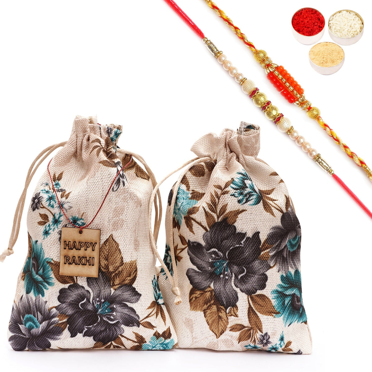 Rakhi Hampers | Printed Jute Pouch with Rakhi Tags, Bites & rakhis | Rakhi Gift Ideas