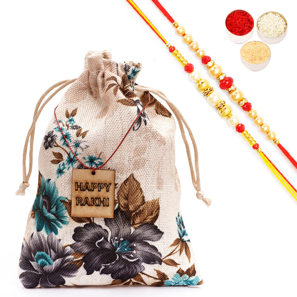 Rakhi Gifts-Printed Jute Pouch with Rakhi Tags with Bites with 2 Rakhis