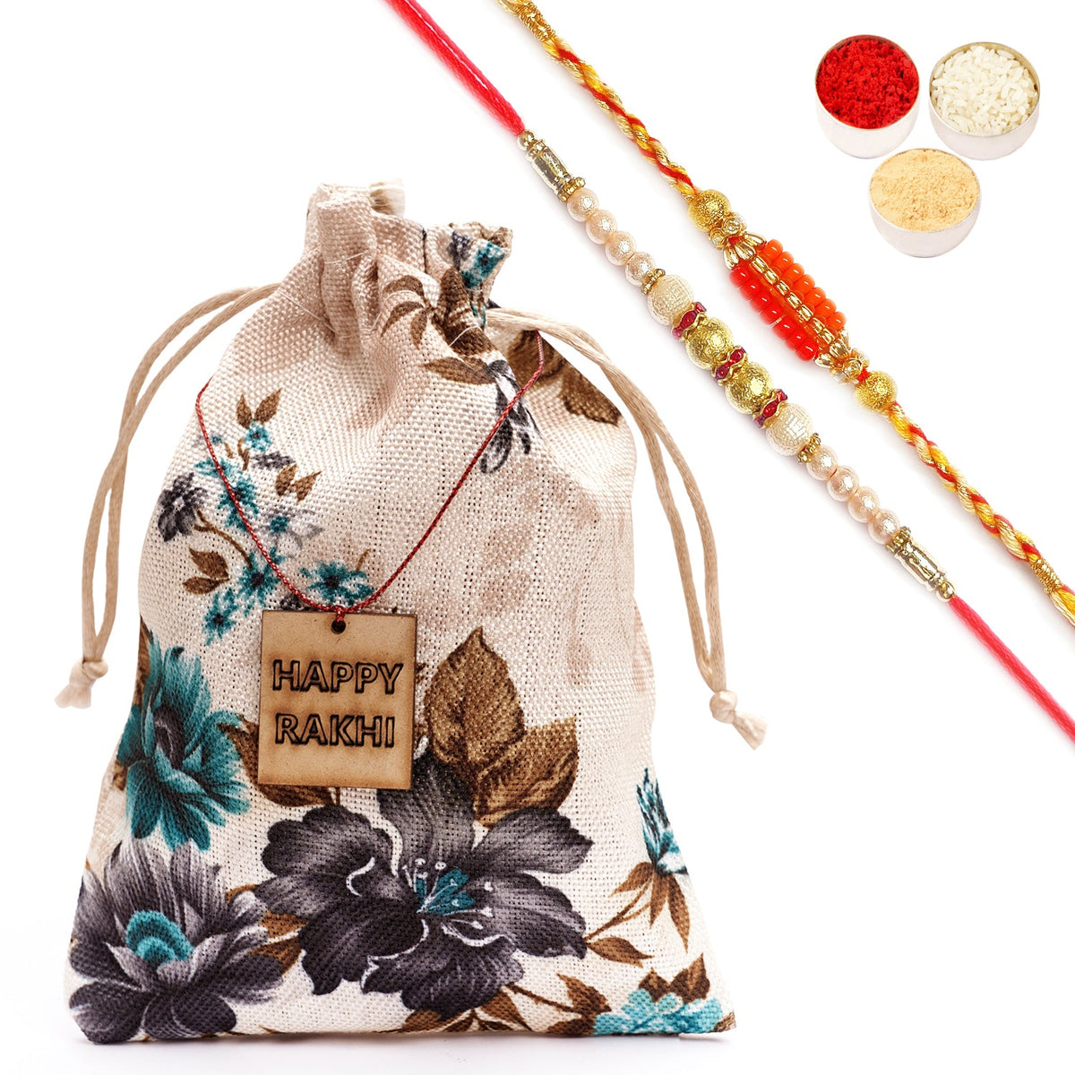 Rakhi Hampers | Printed Jute Pouch with Rakhi Tags, Bites & rakhis | Rakhi Gift Ideas