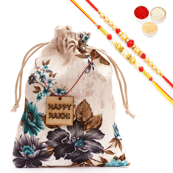 Rakhi Gifts-Printed Jute Pouch with Rakhi Tags with Cookies with 2 Rakhis