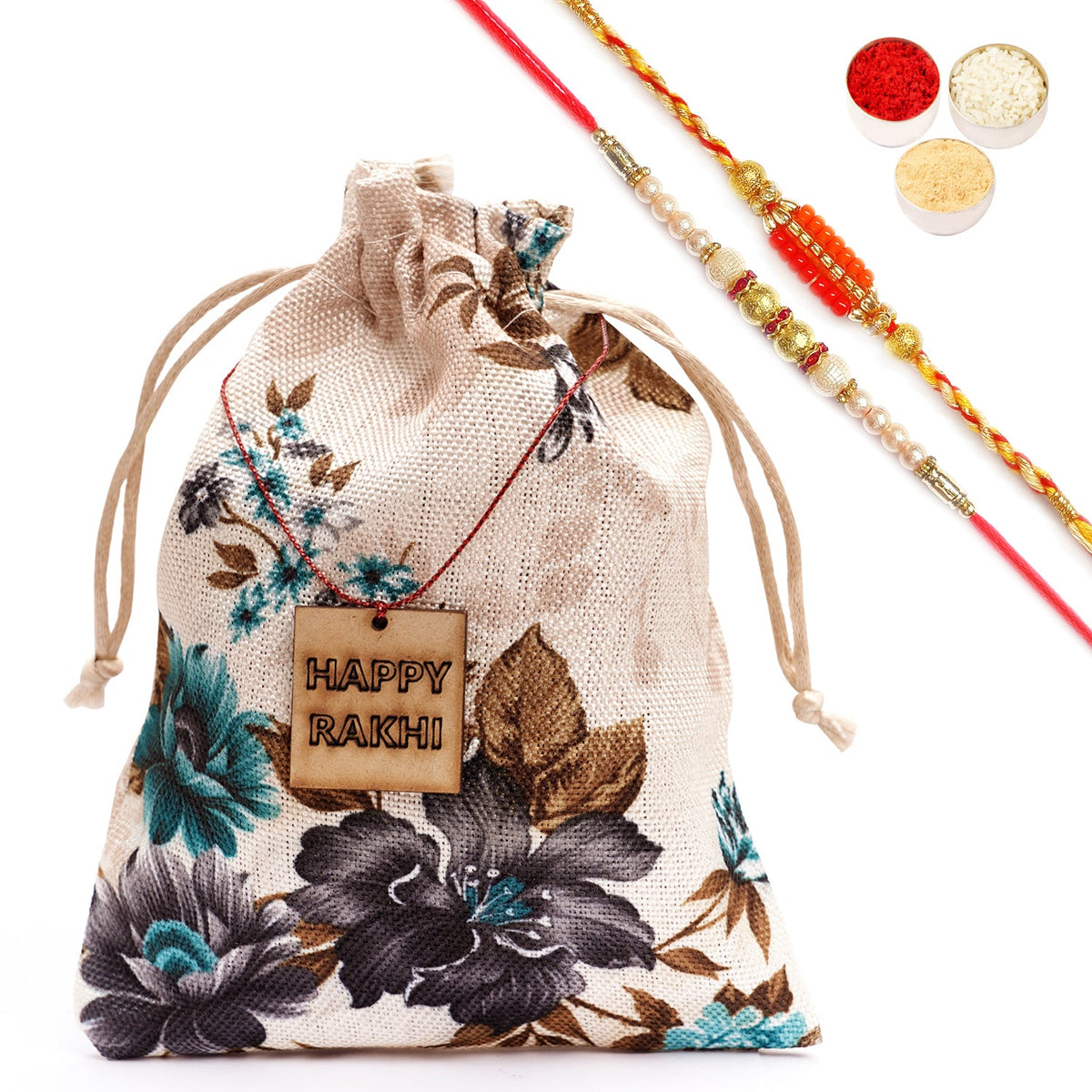Rakhi Hampers | Printed Jute Pouch with Rakhi Tags, Bites & rakhis | Rakhi Gift Ideas