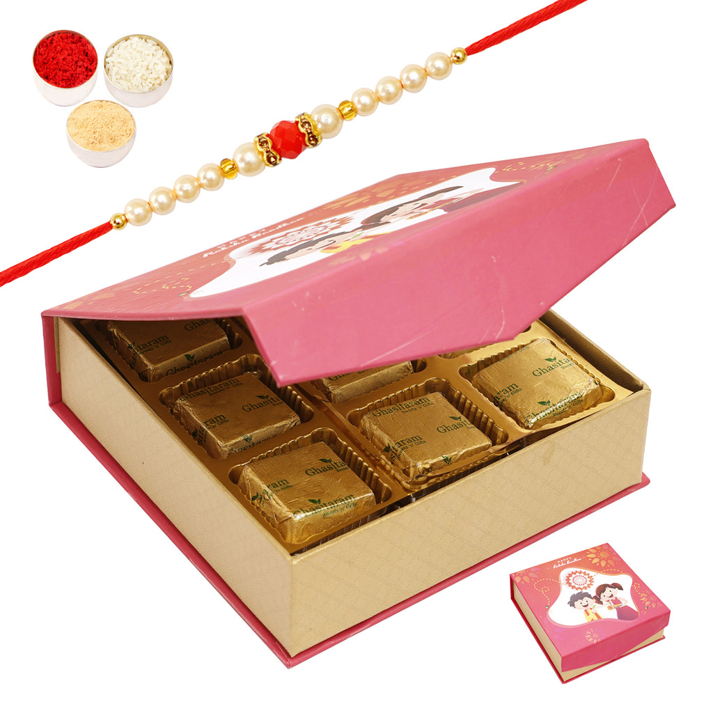 Rakhi Gifts-Raksha Bandhan Bites Box with mewa bites with Pearl Beads Rakhi