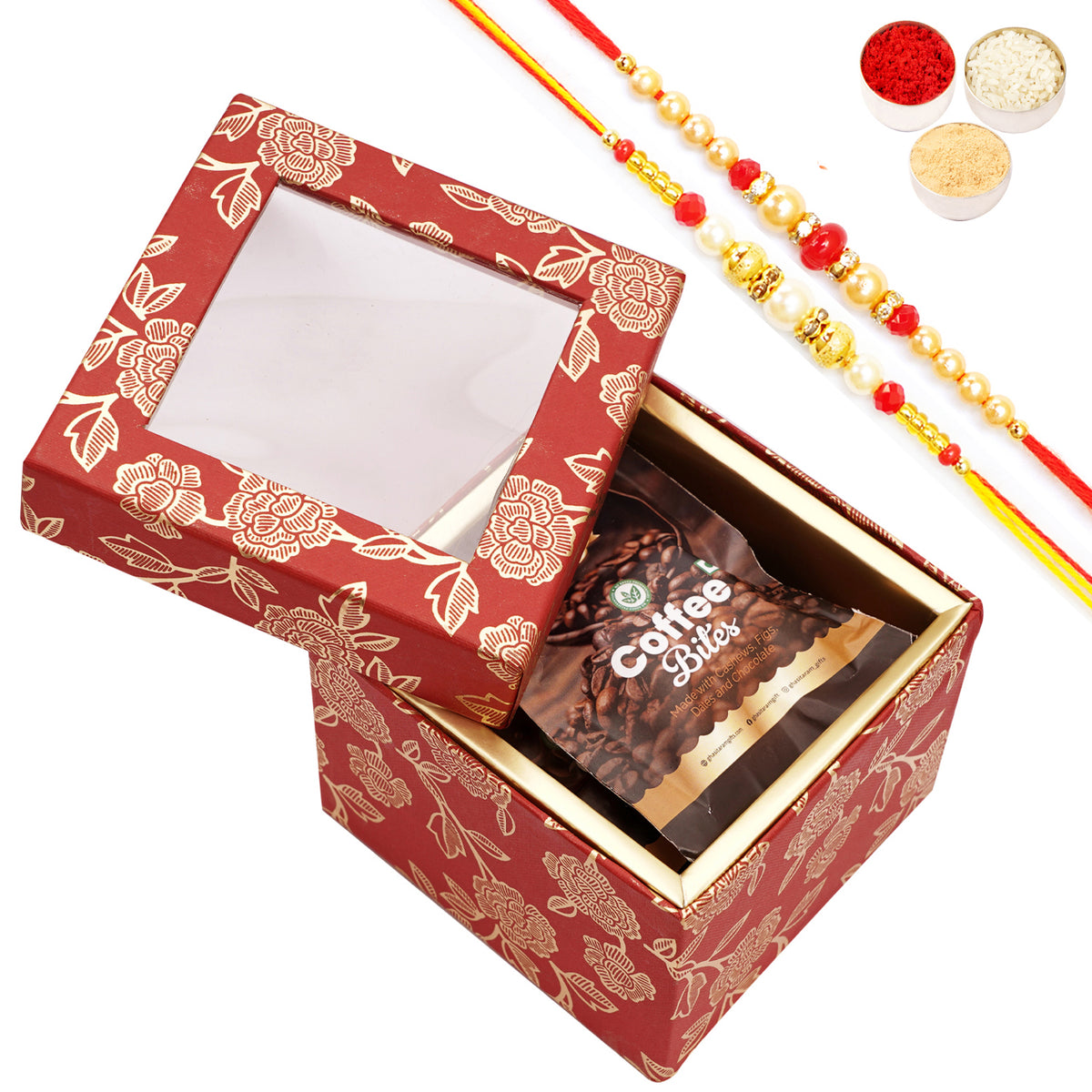 Rakhi Gifts-Red Printed Fancy Box with bites with 2 Rakhis