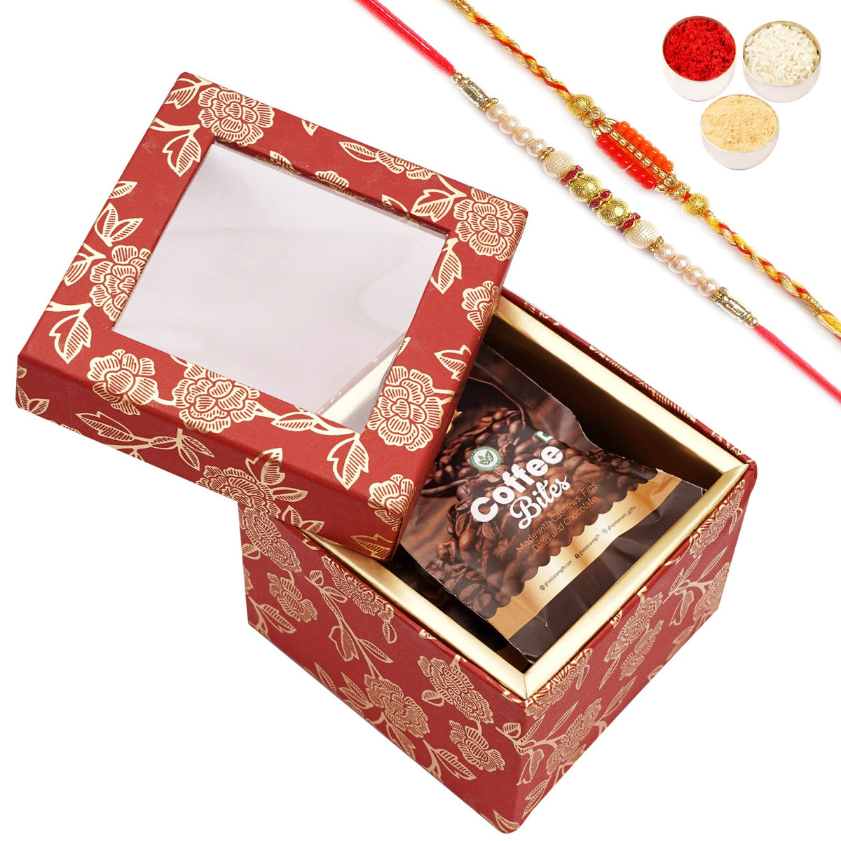 Fancy Rakhi Gift Box | Red Printed Box with Bites & rakhis | Rakhi Sweets for Brother
