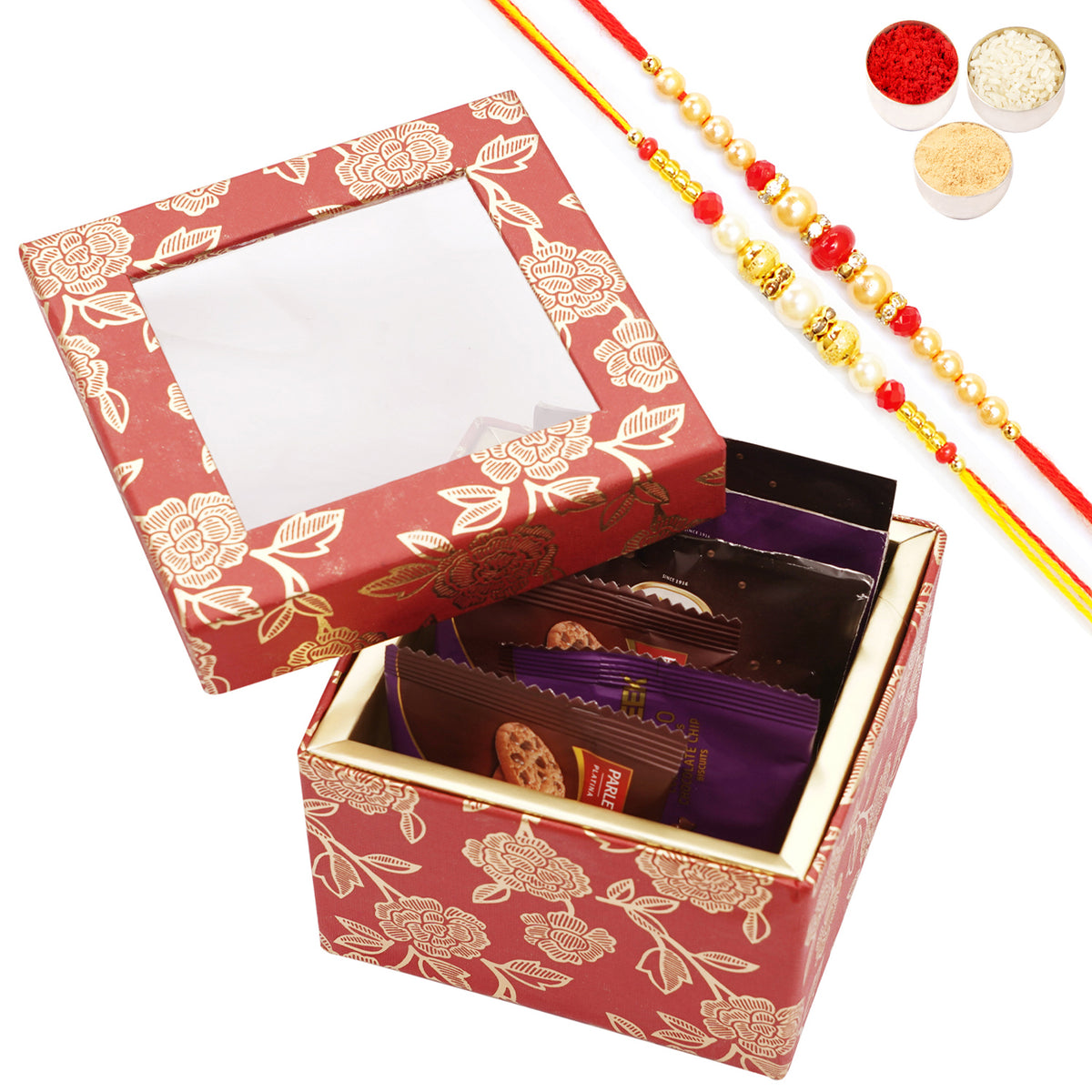 Rakhi Gifts-Red Printed Fancy Box with cookies and bites with 2 Rakhis