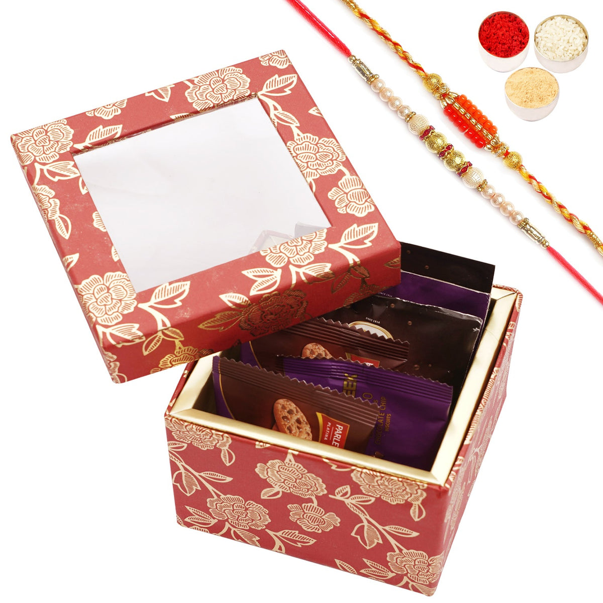 Fancy Rakhi Gift Box | Red Printed Box with Bites & rakhis | Rakhi Sweets for Brother