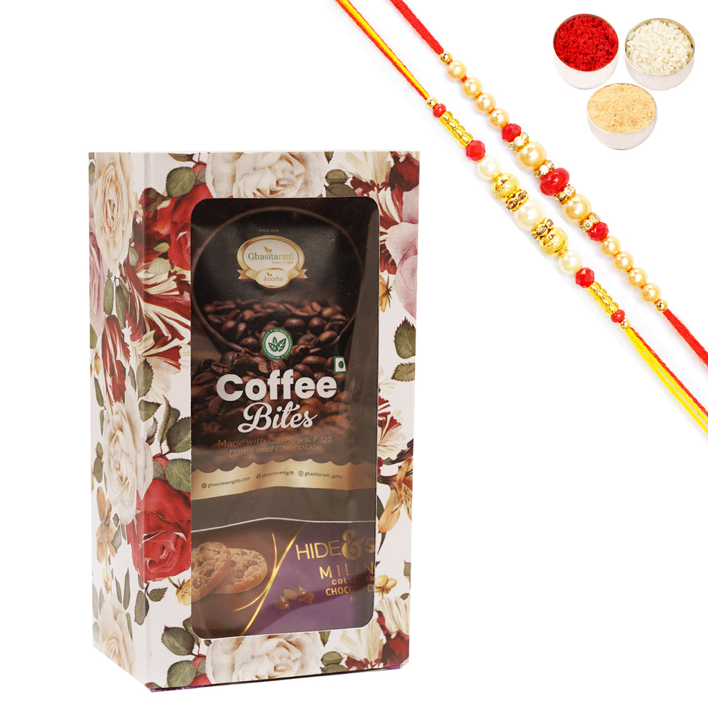 Rakhi Gifts-White flower box of Bites and Cookies with 2 Rakhis