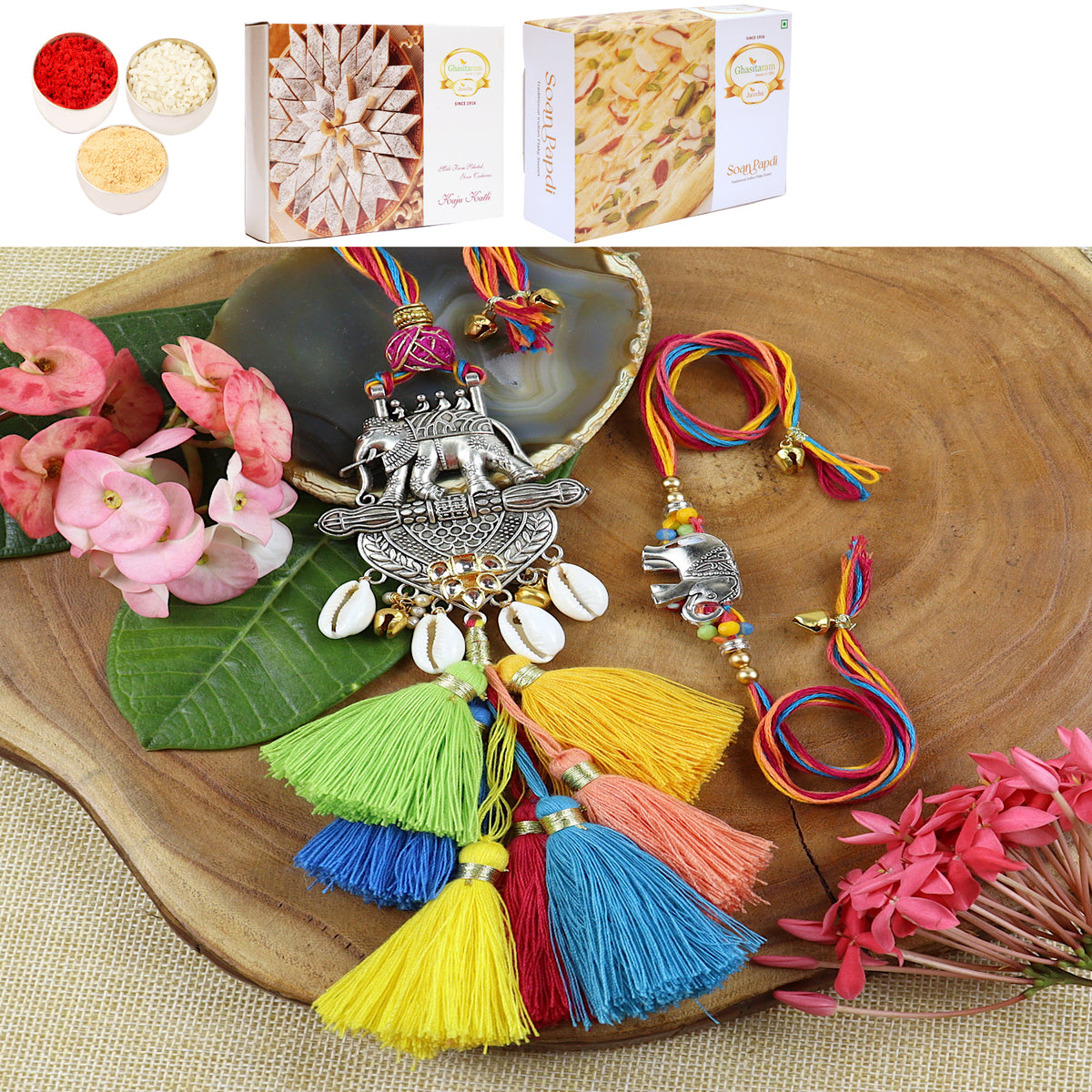 LS24-003-Metal Elephant with Multi Tassel Bhaiya Bhabhi Rakhi with 200 gms of Kaju katli and 200 gms of Soan Papdi