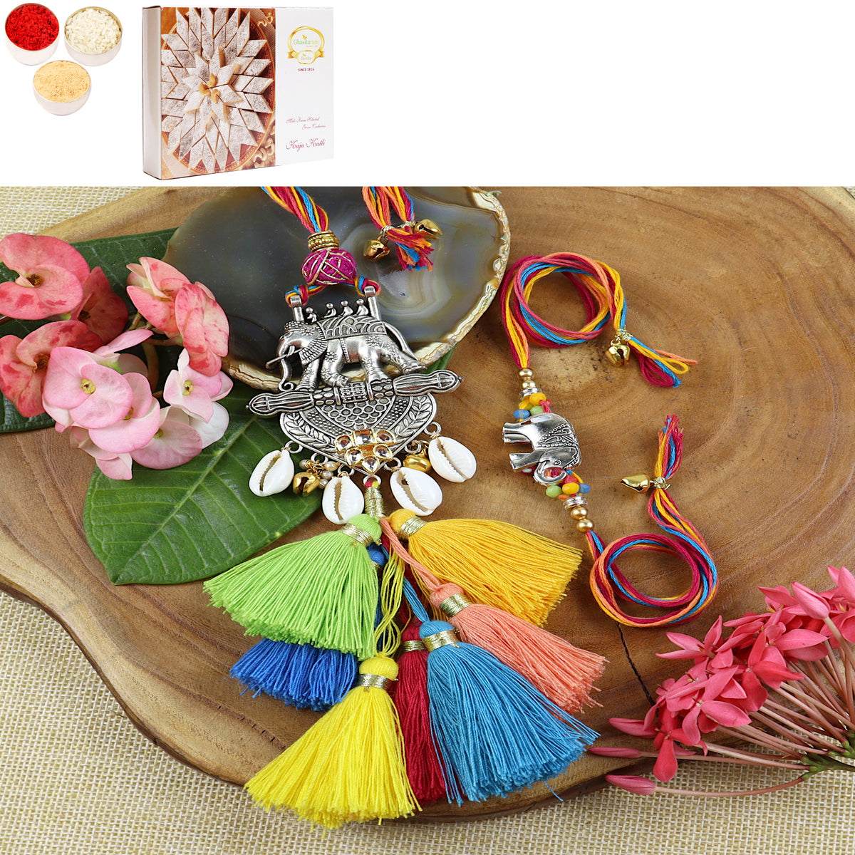 Rakhis Online USA-LS24-003-Metal Elephant with Multi Tassel Bhaiya Bhabhi Rakhi with 200 gms of Kaju katli