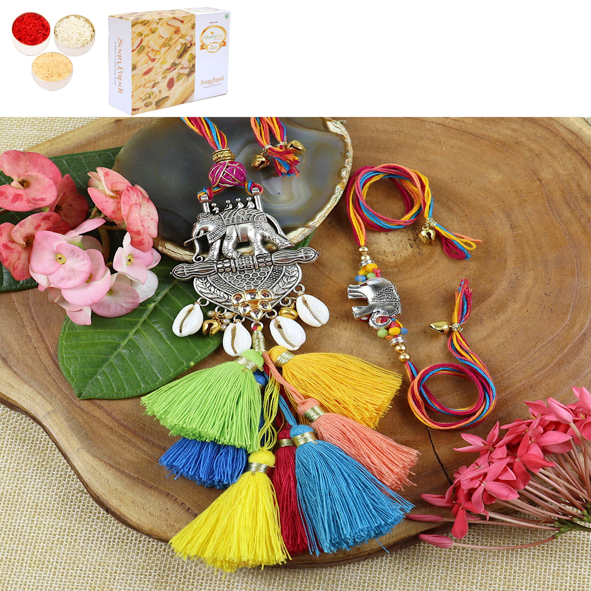 Rakhis Online Australia-LS24-003-Metal Elephant with Multi Tassel Bhaiya Bhabhi Rakhi with 200 gms of Soan Papdi