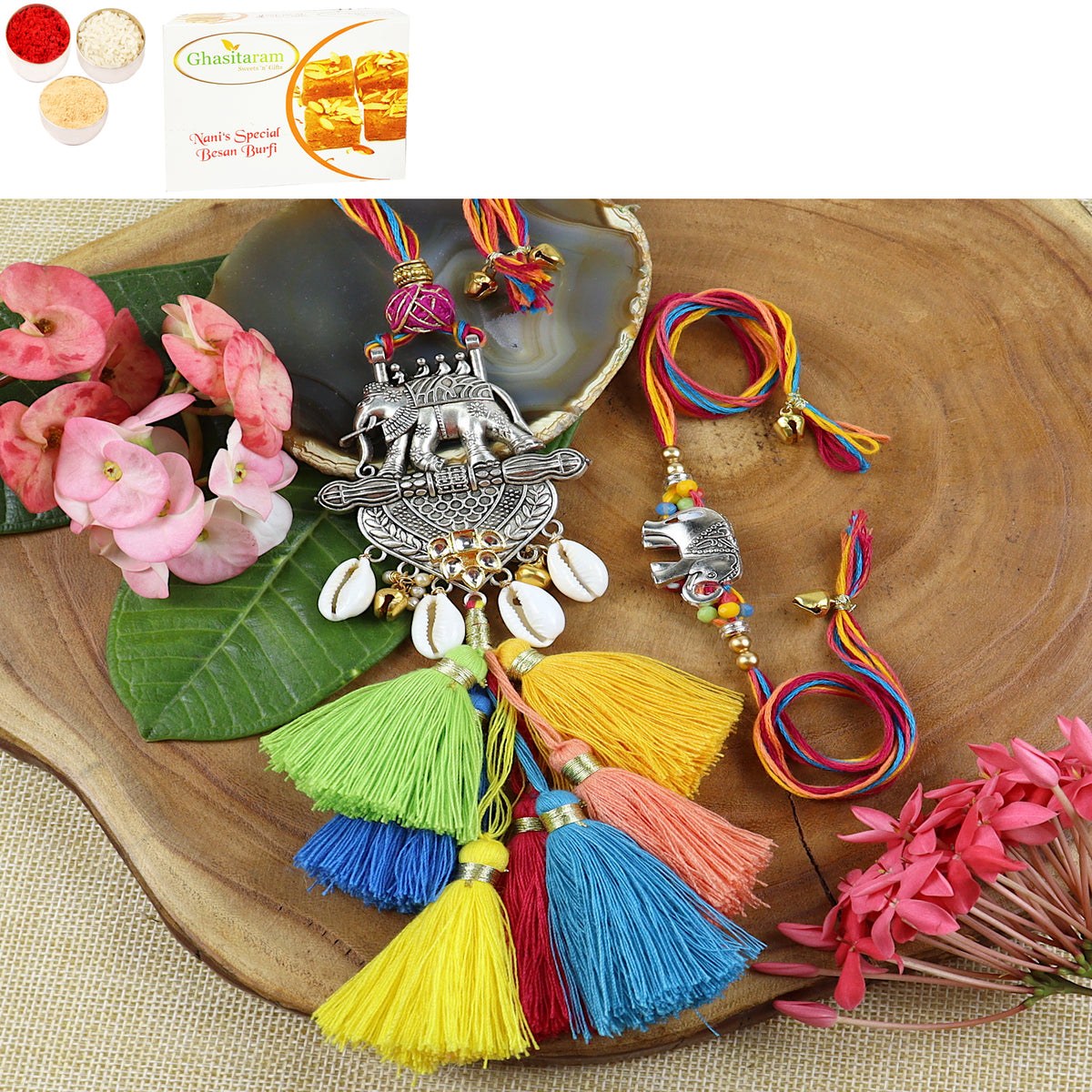 Rakhis Online Australia-LS24-003-Metal Elephant with Multi Tassel Bhaiya Bhabhi Rakhi with 200 gms of Besan Barfi