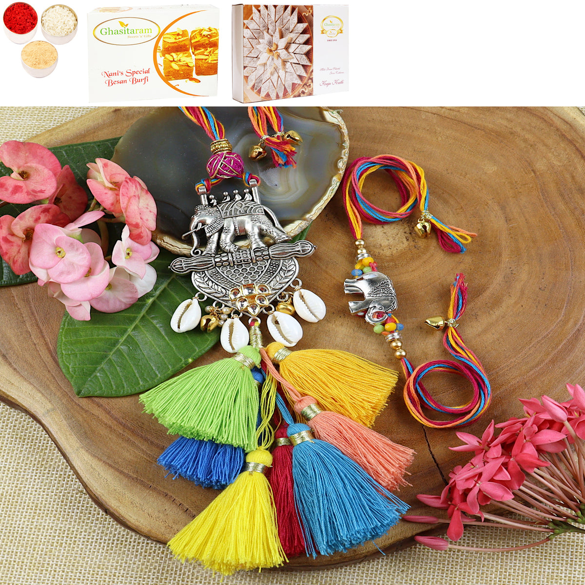 LS24-003-Metal Elephant with Multi Tassel Bhaiya Bhabhi Rakhi with 200 gms of Besan Barfi and 200 gms of Kaju Katli