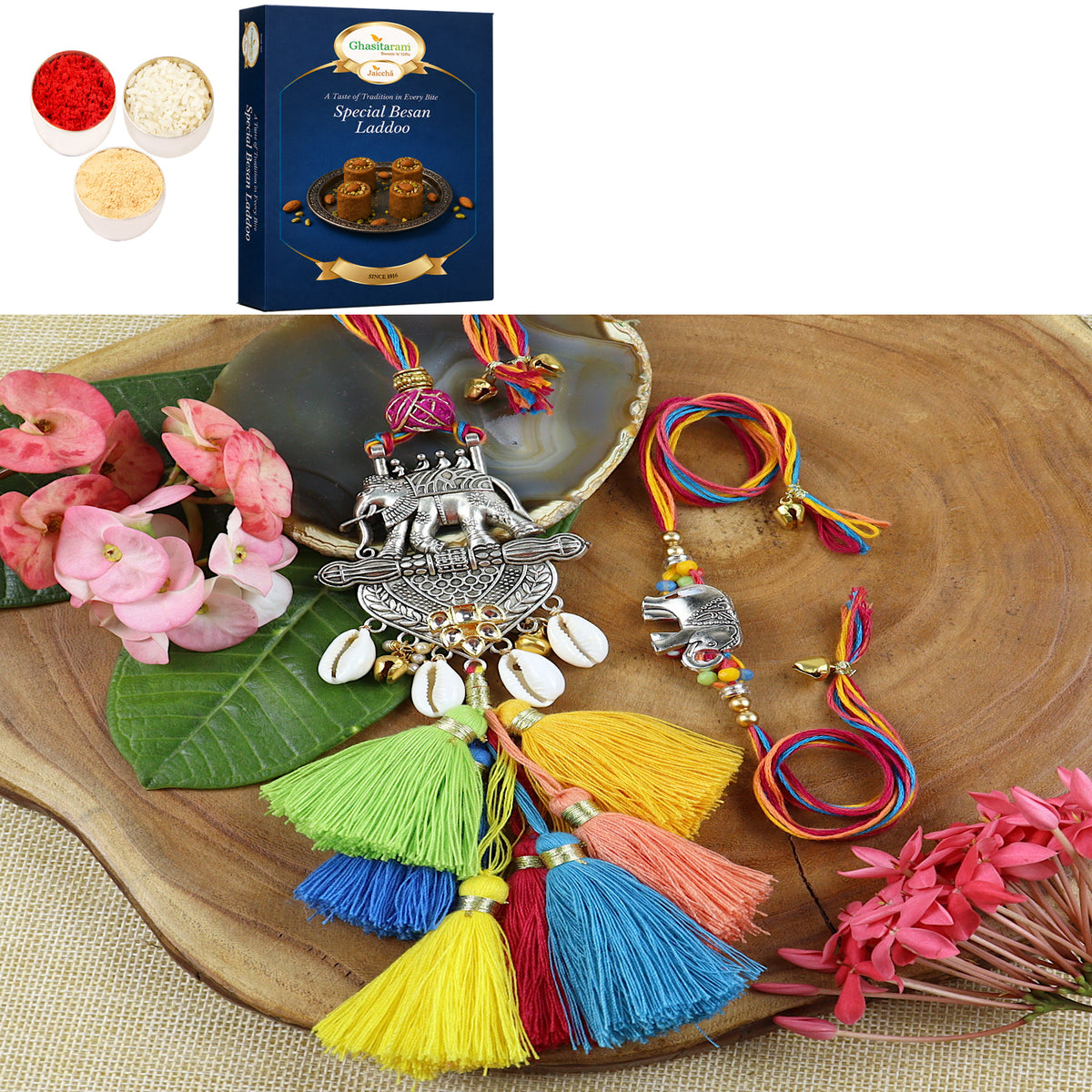 LS24-003-Metal Elephant with Multi Tassel Bhaiya Bhabhi Rakhi with 200 gms of Besan Laddoo
