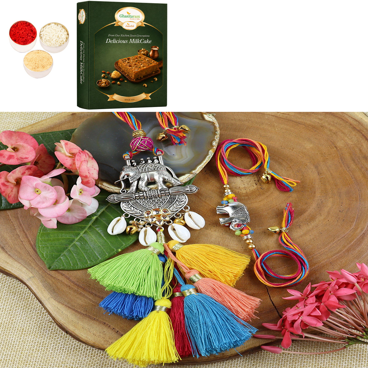 LS24-003-Metal Elephant with Multi Tassel Bhaiya Bhabhi Rakhi with 200 gms of Milk Cake