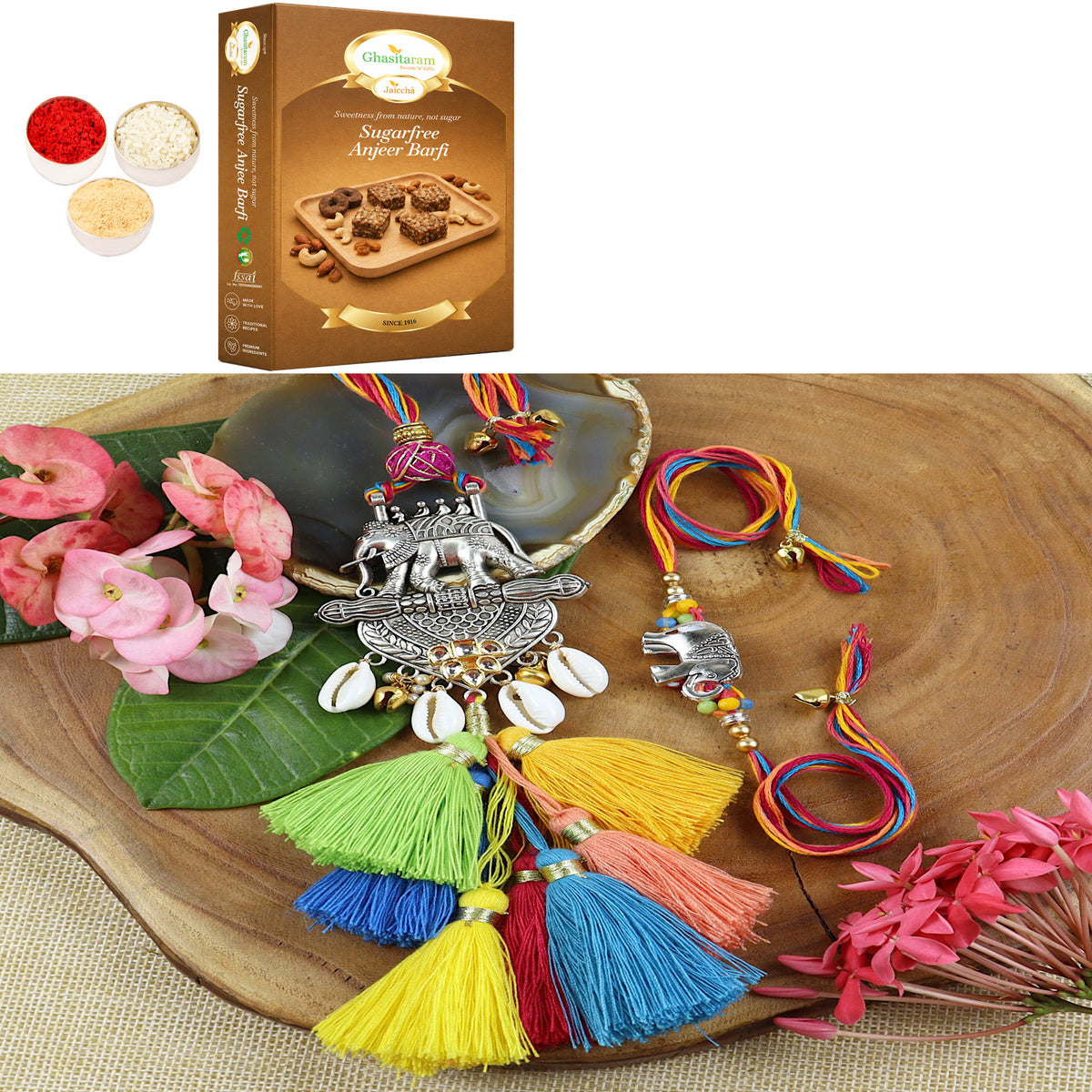 LS24-003-Metal Elephant with Multi Tassel Bhaiya Bhabhi Rakhi with 200 gms of Sugarfree Anjeer Barfi