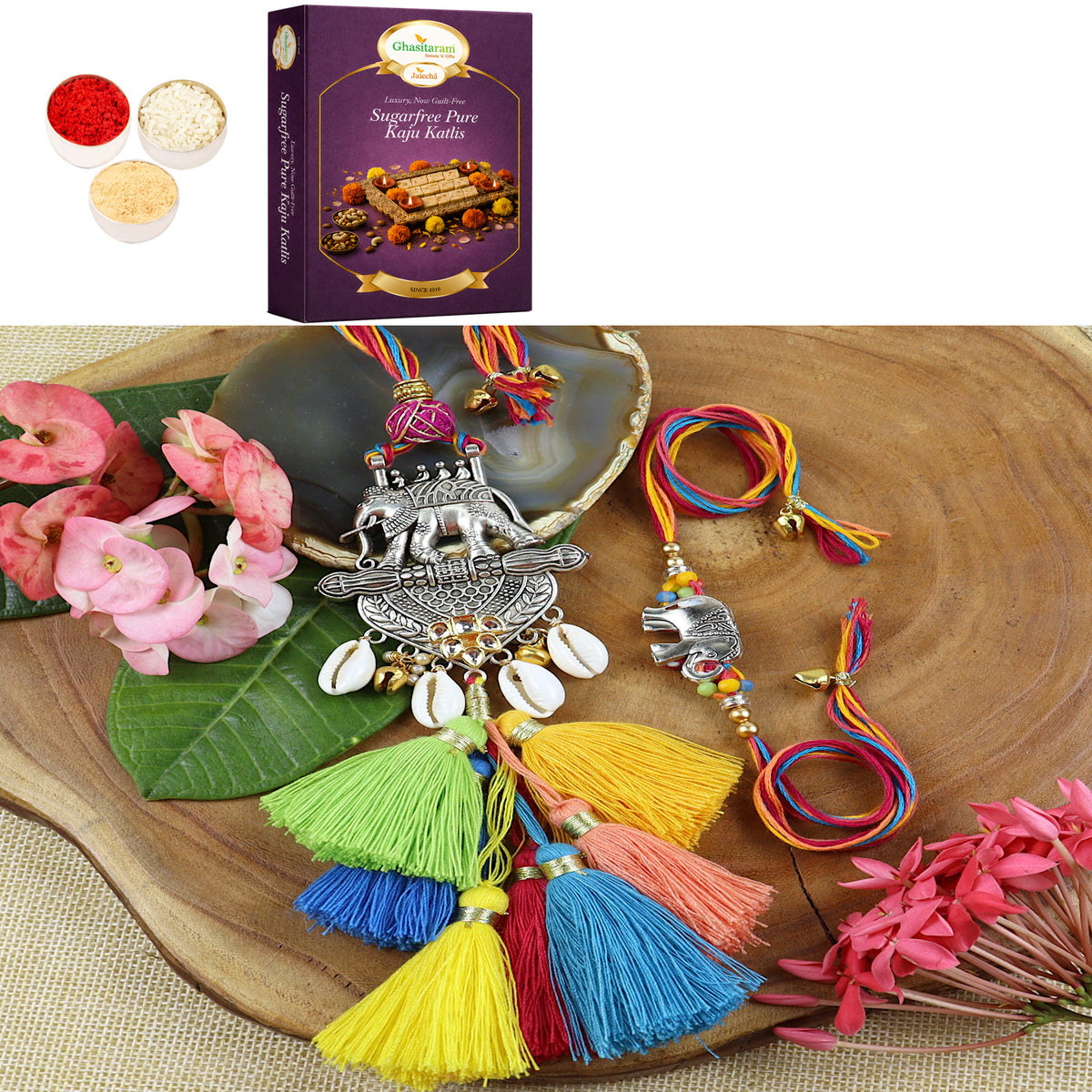 LS24-003-Metal Elephant with Multi Tassel Bhaiya Bhabhi Rakhi with 200 gms of Sugarfree Kaju katli