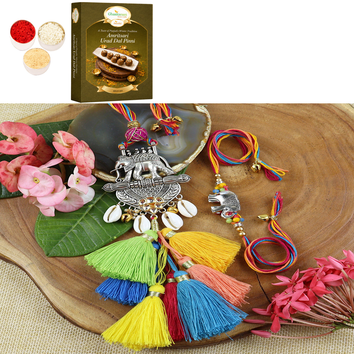 LS24-003-Metal Elephant with Multi Tassel Bhaiya Bhabhi Rakhi with 200 gms of Pinni 