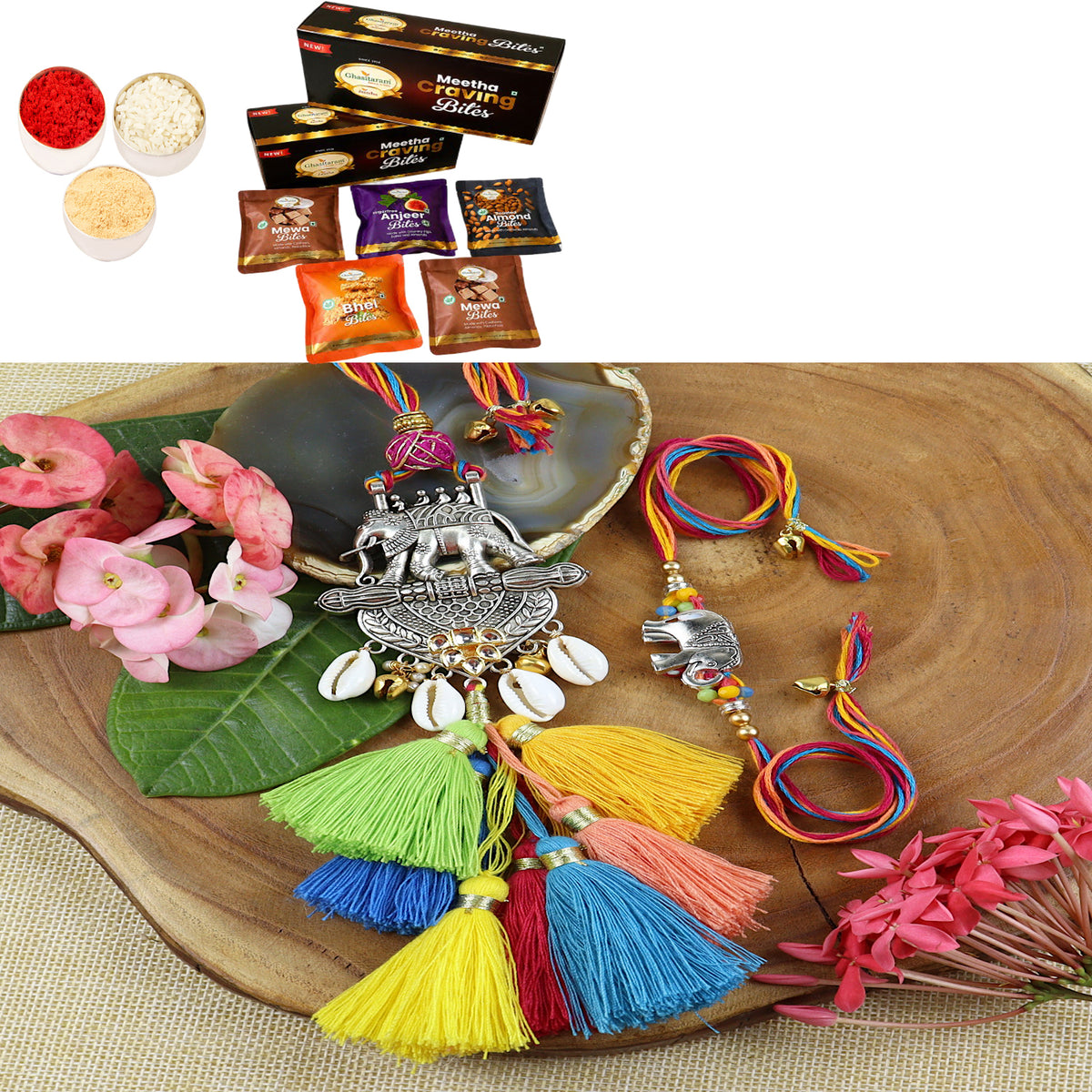 LS24-003-Metal Elephant with Multi Tassel Bhaiya Bhabhi Rakhi with Asorted bites box