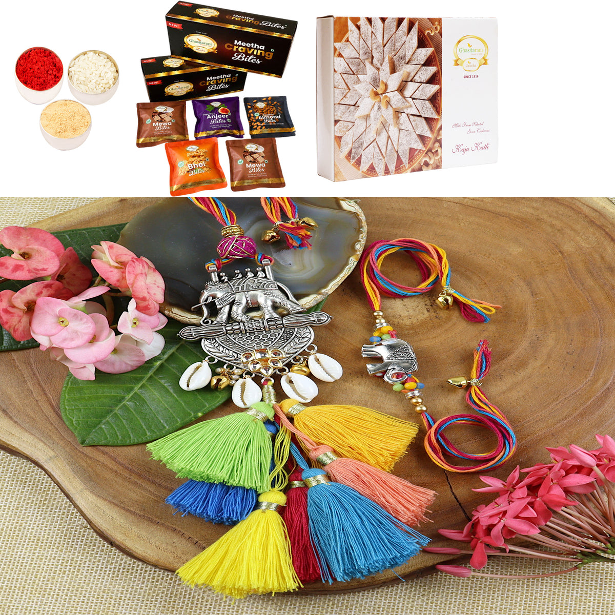 LS24-003-Metal Elephant with Multi Tassel Bhaiya Bhabhi Rakhi with Asorted bites box and 200 gms of Kaju katli