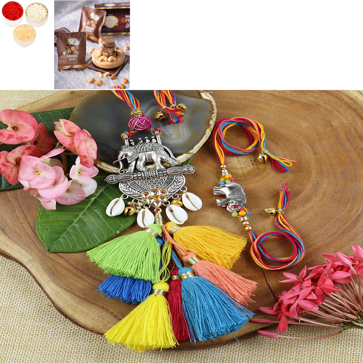 Rakhis Online UK- LS24-003-Metal Elephant with Multi Tassel Bhaiya Bhabhi Rakhi with Mewa Bite Box