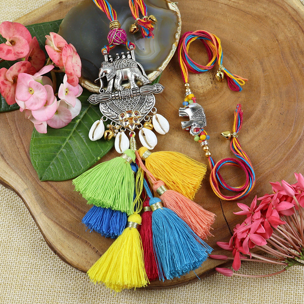 Rakhis Online USA-LS24-003-Metal Elephant with Multi Tassel Bhaiya Bhabhi Rakhi