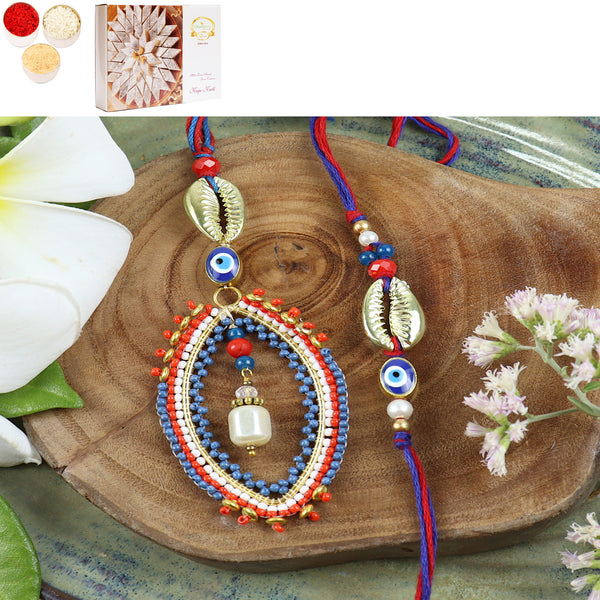 LS24-026- Handbeaded Evil eye Bhaiya Bhabhi Rakhi with 400 gms of Kaju katli