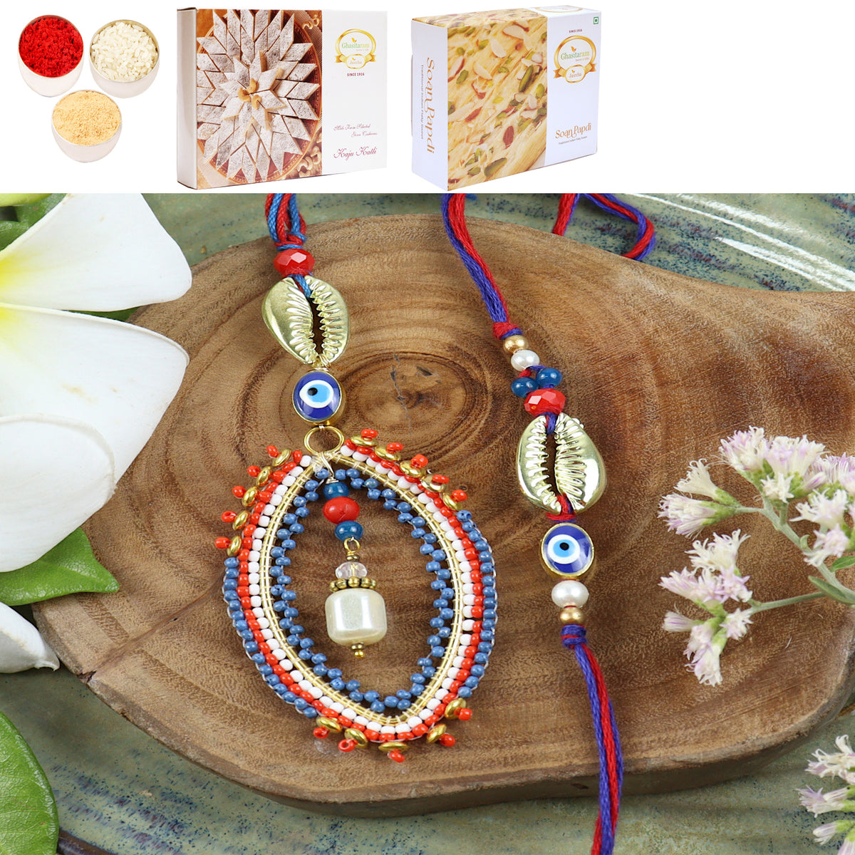 LS24-026- Handbeaded Evil eye Bhaiya Bhabhi Rakhi with 200 gms of Kaju katli and 200 gms of Soan Papdi